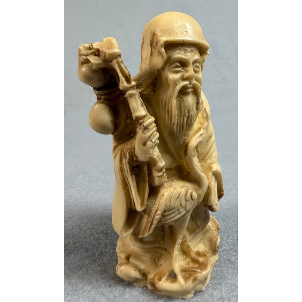 Vintage Shou Lao Chinese God of Longevity Resin Figurine with Crane and Gourd - Picture 5 of 9